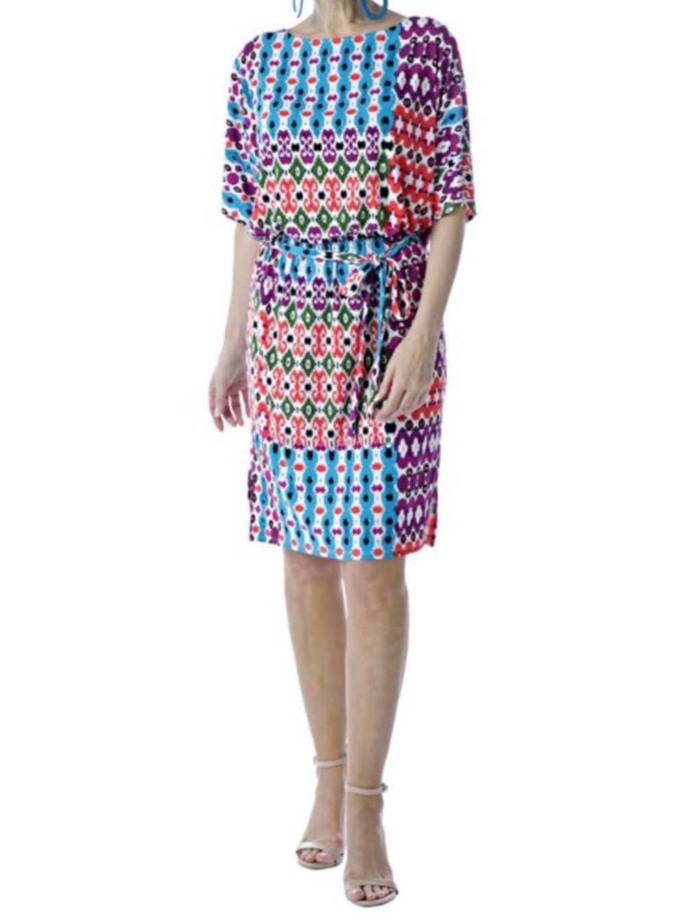 N NATORI Easy Care Popover Tie Waist Multi Colour Dress Short Dolman Sleeves XL